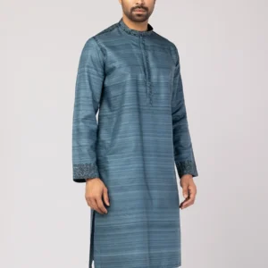 Teal Blue Printed and Embroidered Endi Silk Panjabi